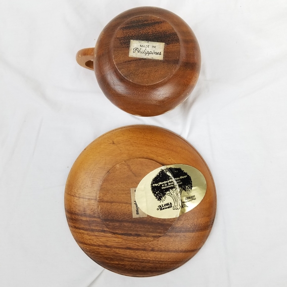 Genuine Monkey Pod  Cup & Saucer W/ Inlay Design - Picture 2 of 5